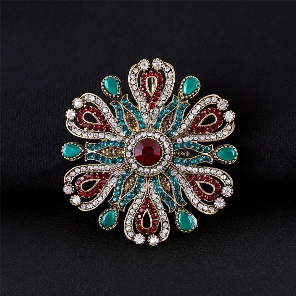 Baroque Flower Red, Green & Clear Rhinestones Round Brooch Sparkle Gold Tone